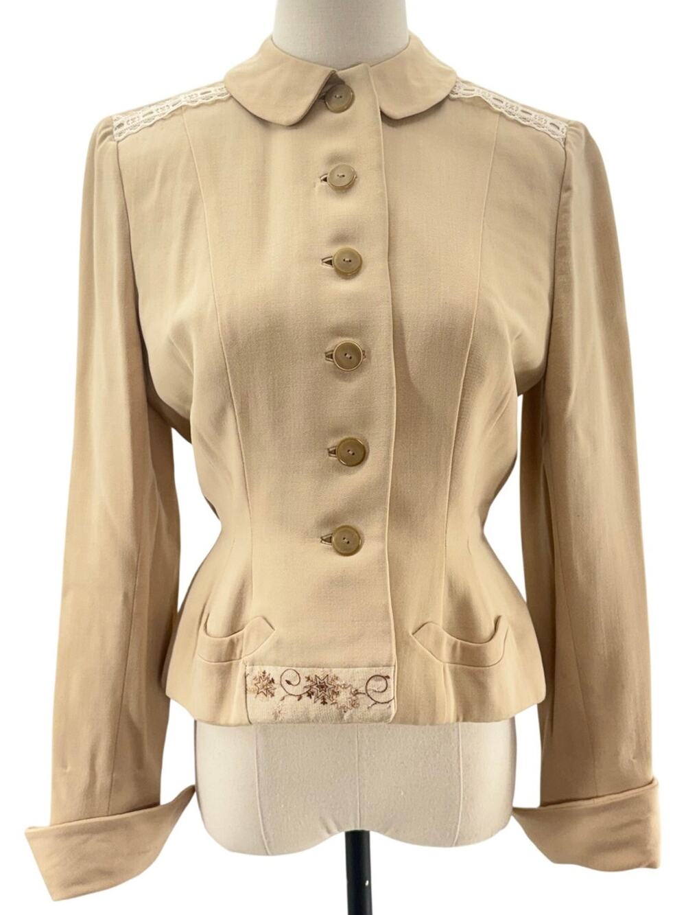 Vintage 40s Beige Wool Blazer Jacket Embroidered Detail Women's XS